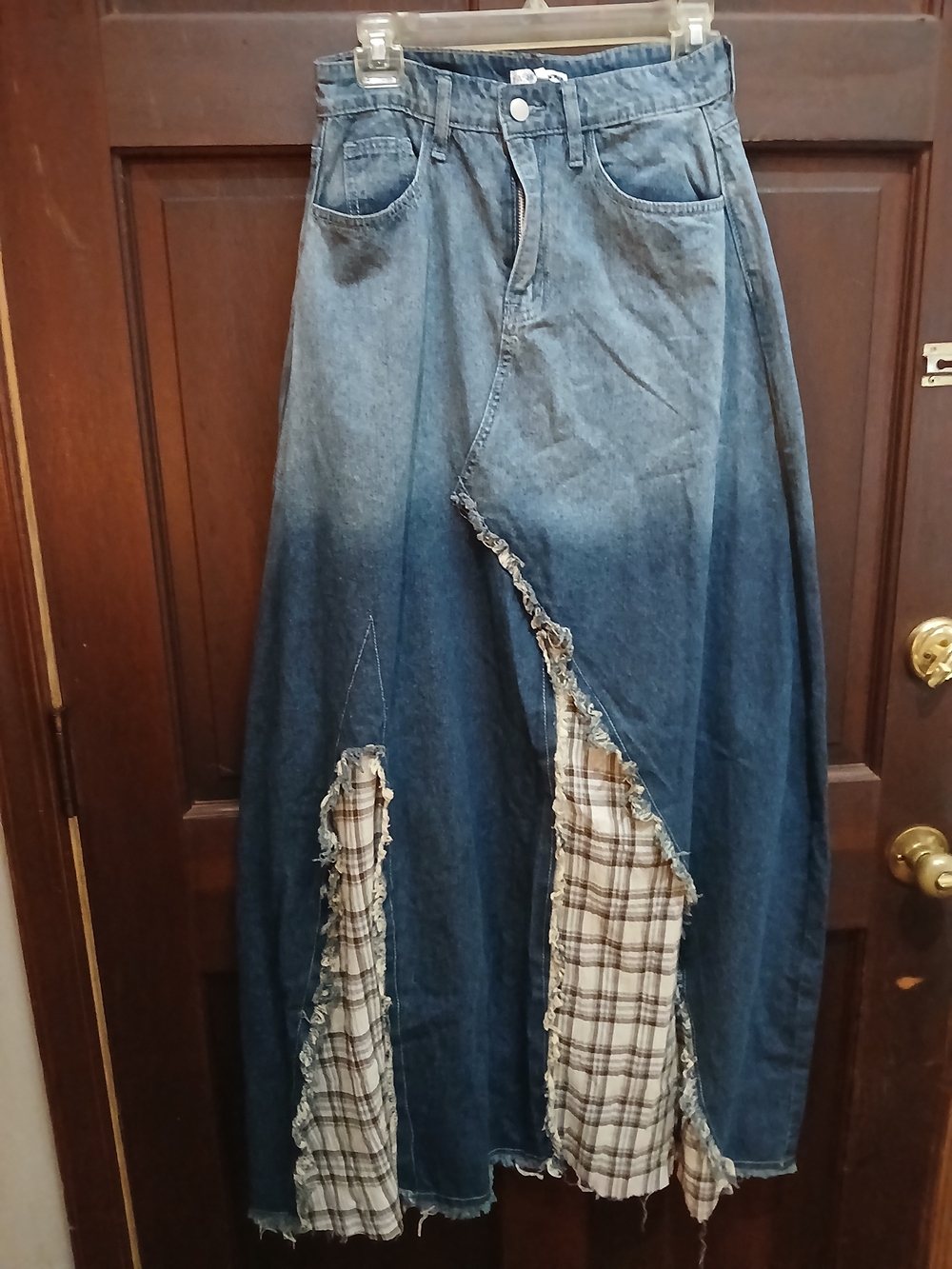 Fashion Nova NWT Blue Denim Maxi Skirt with frayed Plaid Inserts Size S